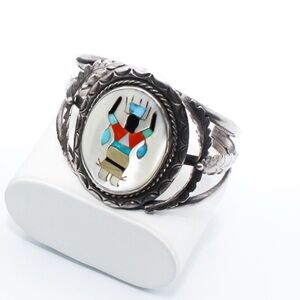 Vintage Silver Cuff Bracelet with Inlay Design